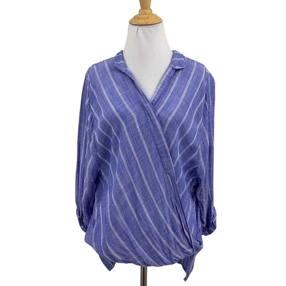 Elan Blouse Womens M Medium Blue White Faux Wrap Striped Surplice Dropout Collar